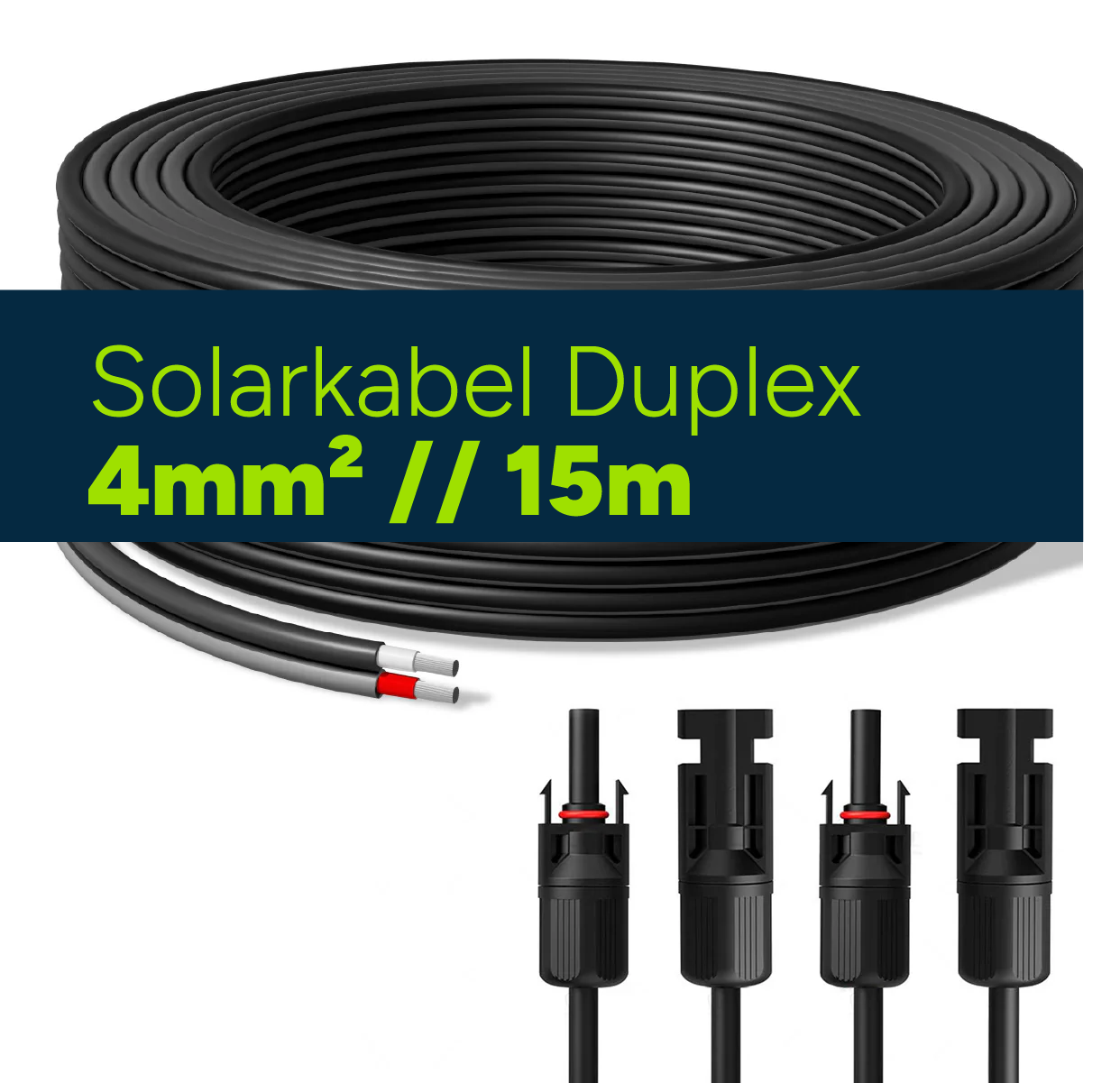 Solarkabel Duplex 15m Set 4mm² H1Z2Z2-K – inkl. MC4 Stecker – TÜV zertifiziert – 1500V 30A – UV- & witterungsbeständig