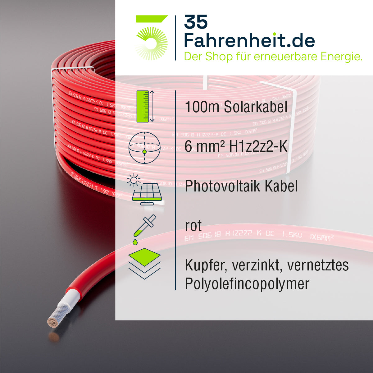 Solarkabel, 100m, 6 mm2, H1Z2Z2-k, Rot