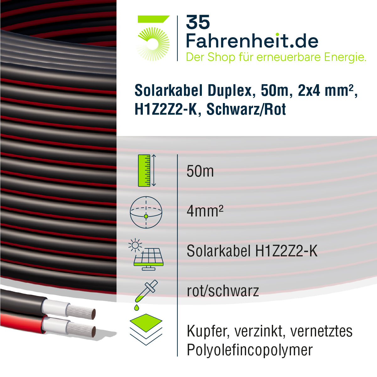 Solarkabel Duplex 50m Set 4mm² H1Z2Z2-K – inkl. MC4 Stecker – TÜV zertifiziert – 1500V 30A – UV- & witterungsbeständig (Kopie)