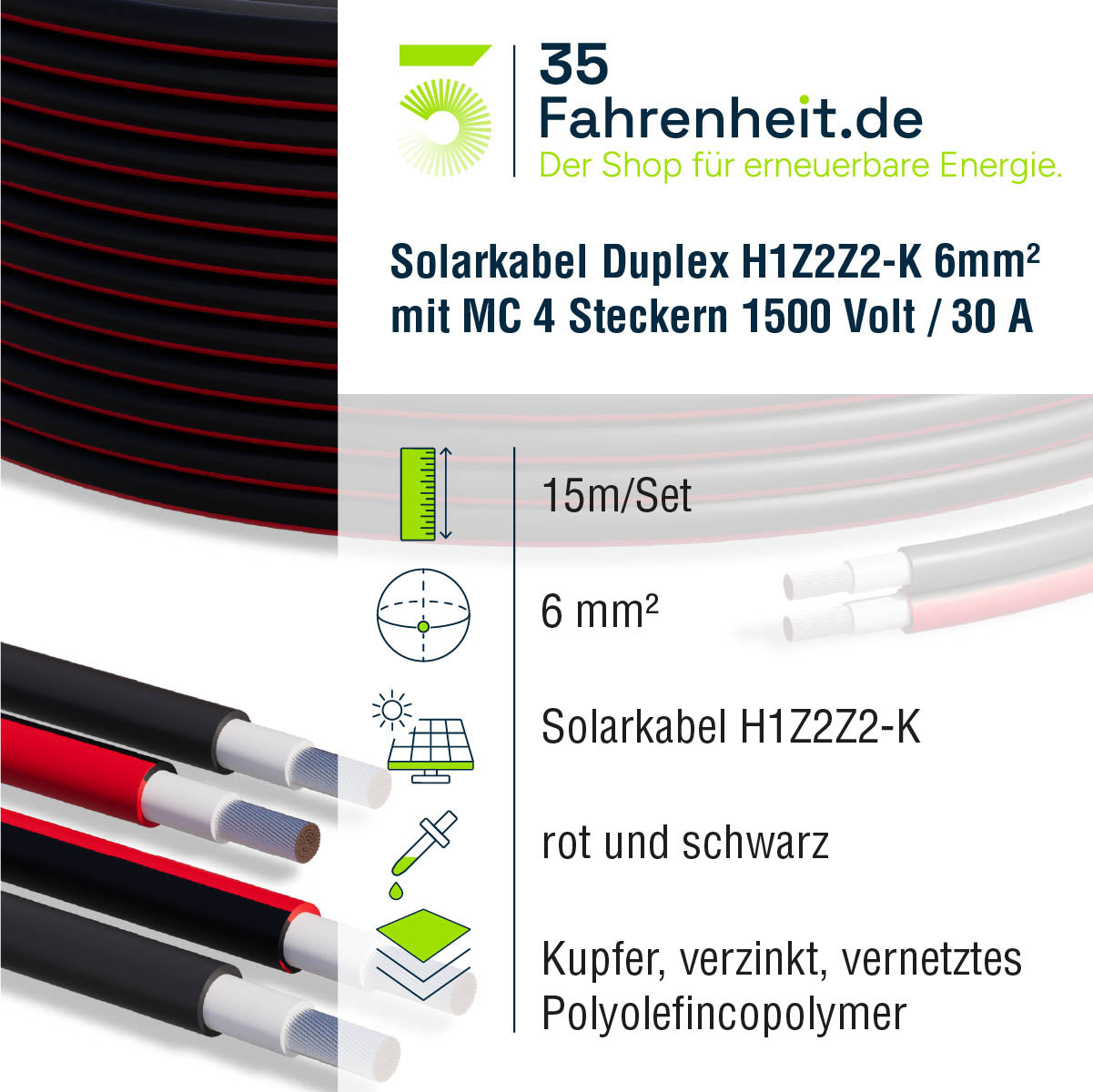 Solarkabel Duplex 15m Set 6mm² H1Z2Z2-K – inkl. MC4 Stecker – TÜV zertifiziert – 1500V 30A – UV- & witterungsbeständig