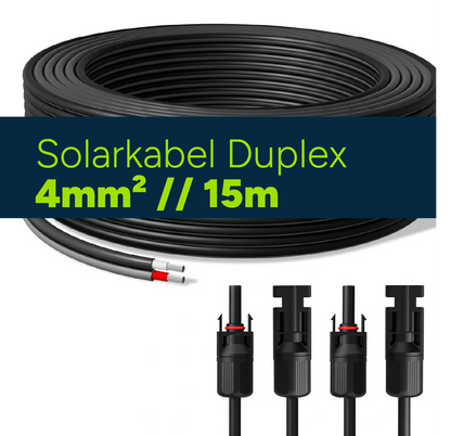 Solarkabel Duplex 15m Set 4mm² H1Z2Z2-K – inkl. MC4 Stecker – TÜV zertifiziert – 1500V 30A – UV- & witterungsbeständig