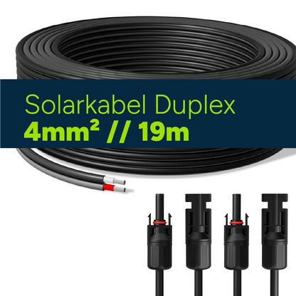 Solarkabel Duplex 19m Set 4mm² H1Z2Z2-K – inkl. MC4 Stecker – TÜV zertifiziert – 1500V 30A – UV- & witterungsbeständig
