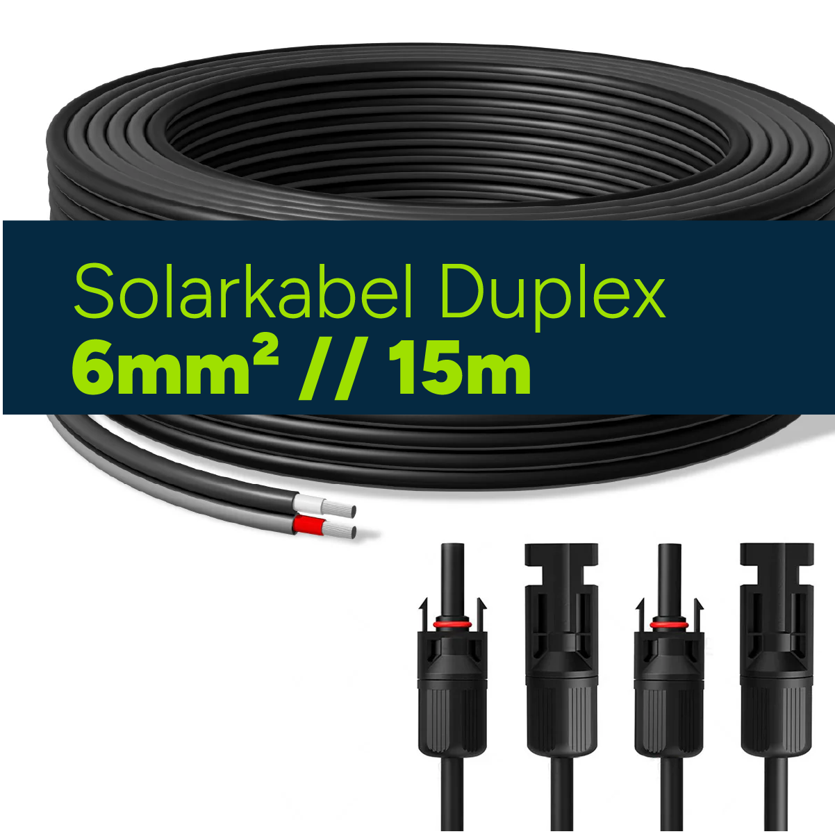 Solarkabel Duplex 15m Set 6mm² H1Z2Z2-K – inkl. MC4 Stecker – TÜV zertifiziert – 1500V 30A – UV- & witterungsbeständig