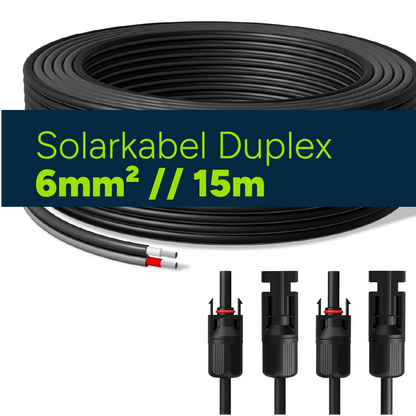 Solarkabel Duplex 15m Set 6mm² H1Z2Z2-K – inkl. MC4 Stecker – TÜV zertifiziert – 1500V 30A – UV- & witterungsbeständig
