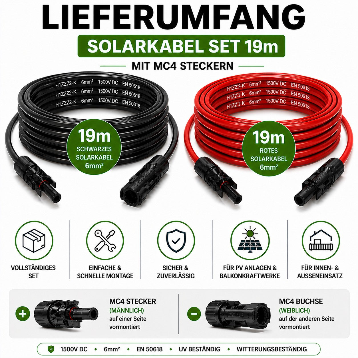 Solarkabel  6mm2 | 2x19m Verlängerungskabel inkl. Solarstecker