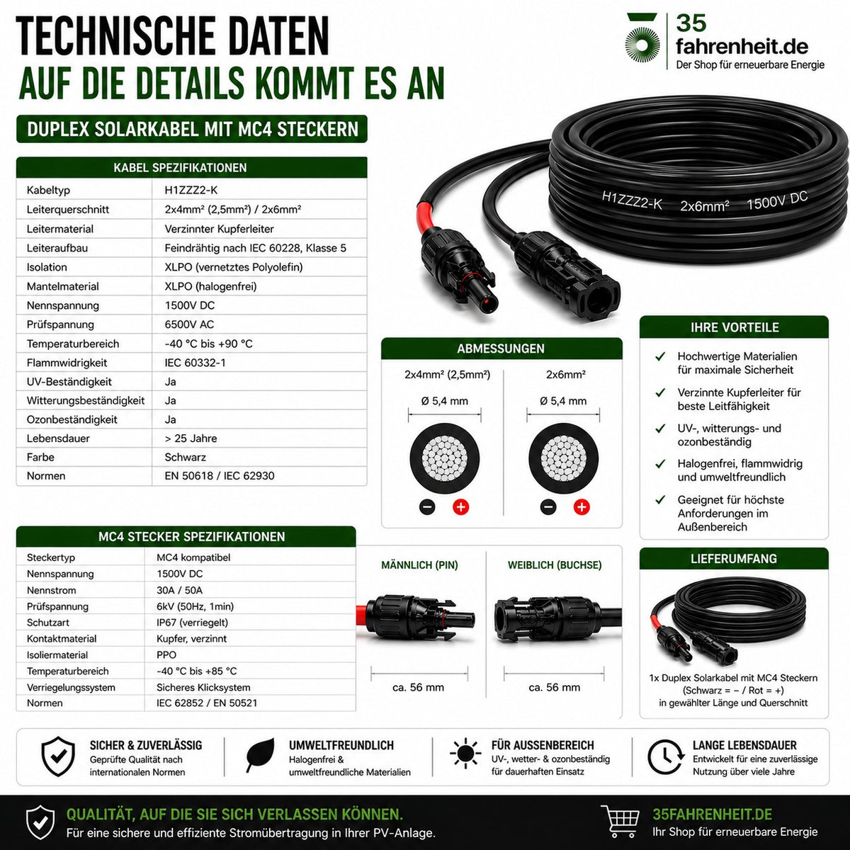 Solarkabel Duplex 9m Set 6mm² H1Z2Z2-K – inkl. MC4 Stecker – TÜV zertifiziert – 1500V 30A – UV- & witterungsbeständig