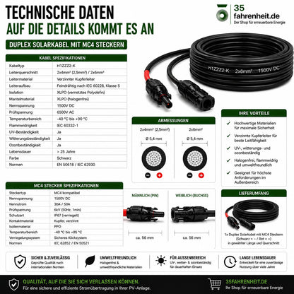 Solarkabel Duplex 9m Set 6mm² H1Z2Z2-K – inkl. MC4 Stecker – TÜV zertifiziert – 1500V 30A – UV- & witterungsbeständig