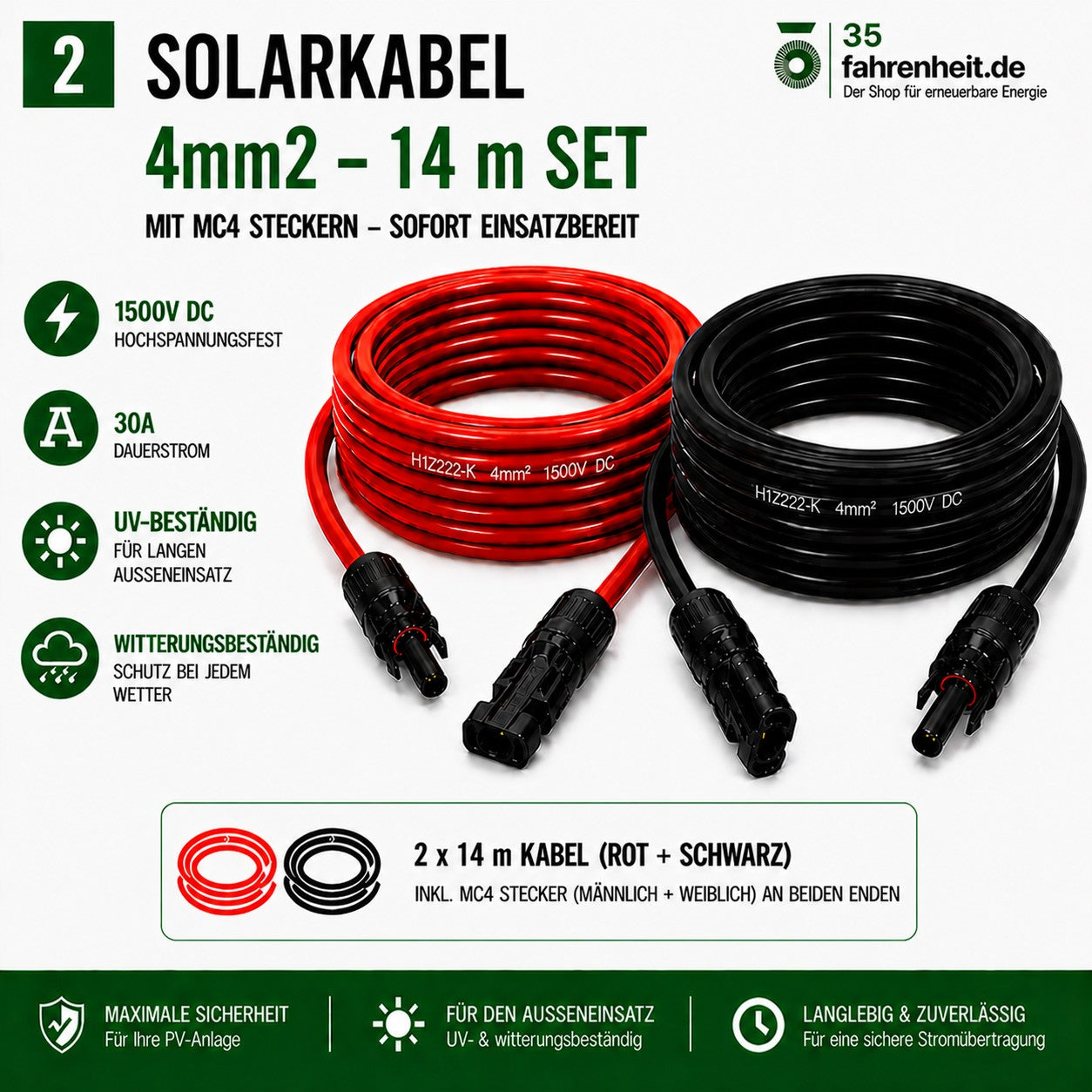 Solarkabel Set H1Z2Z2-K 4mm2 | 2x14m Verlängerungskabel inkl. Solarstecker