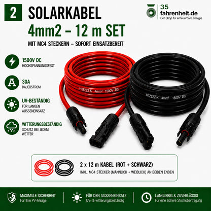Solarkabel Set H1Z2Z2-K 4mm2 | 2x12m Verlängerungskabel inkl. Solarstecker