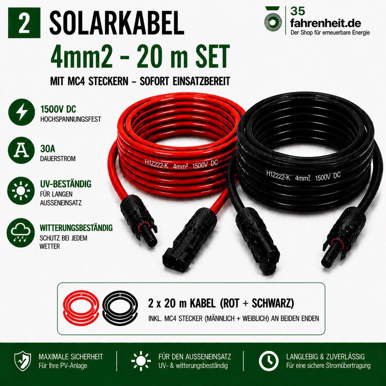 PV Kabel  4mm2, 2x20m Verlängerungskabel H1Z2Z2-K   inkl. Solarstecker