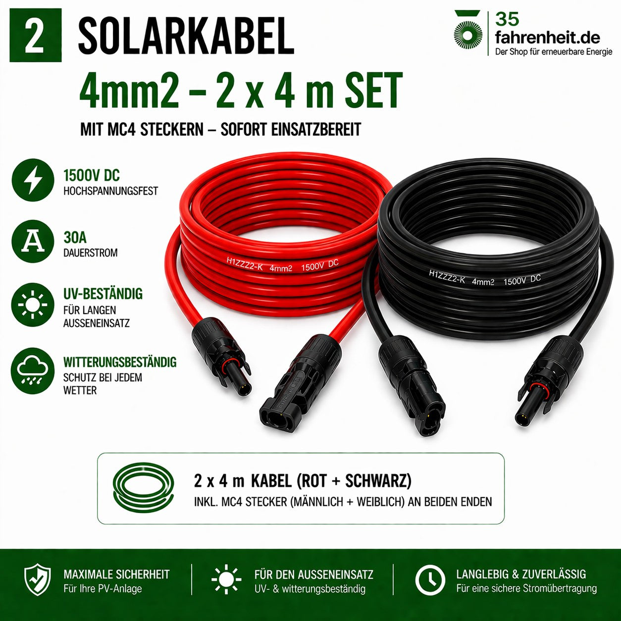 Solarkabel Set H1Z2Z2-K 4mm2 | 2x4m Verlängerungskabel inkl. Solarstecker