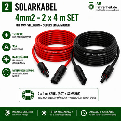 Solarkabel Set H1Z2Z2-K 4mm2 | 2x4m Verlängerungskabel inkl. Solarstecker