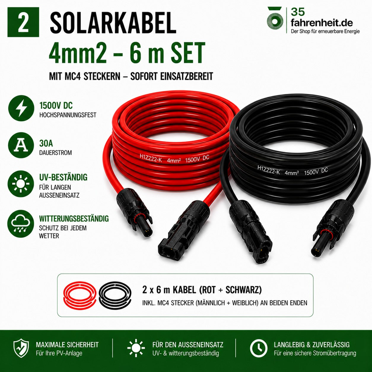 Solarkabel Set H1Z2Z2-K 4mm2 | 2x6m Verlängerungskabel inkl. Solarstecker