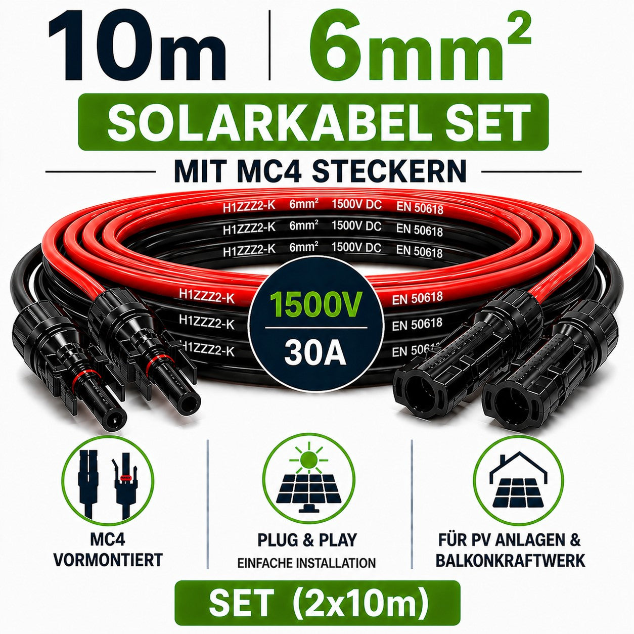 PV Kabel 6mm2 | 2x10m Verlängerungskabel 6mm2 mit MC 4 Stecker