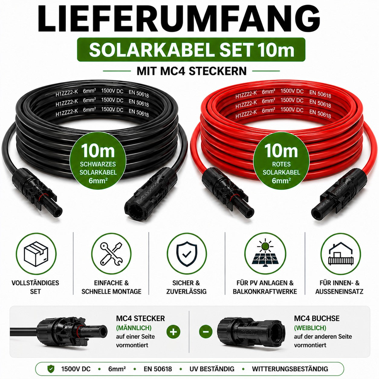 PV Kabel 6mm2 | 2x10m Verlängerungskabel 6mm2 mit MC 4 Stecker