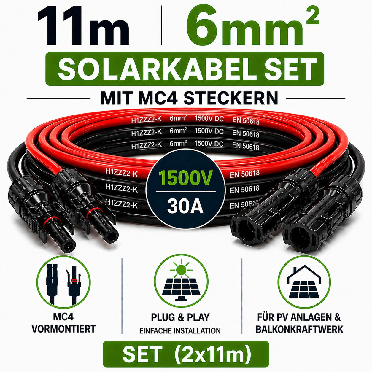 Solarkabel 6mm 2, 2x11m Verlängerungskabel H1Z2Z2-K inkl. Solarstecker