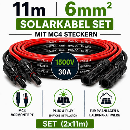 Solarkabel 6mm 2, 2x11m Verlängerungskabel H1Z2Z2-K inkl. Solarstecker