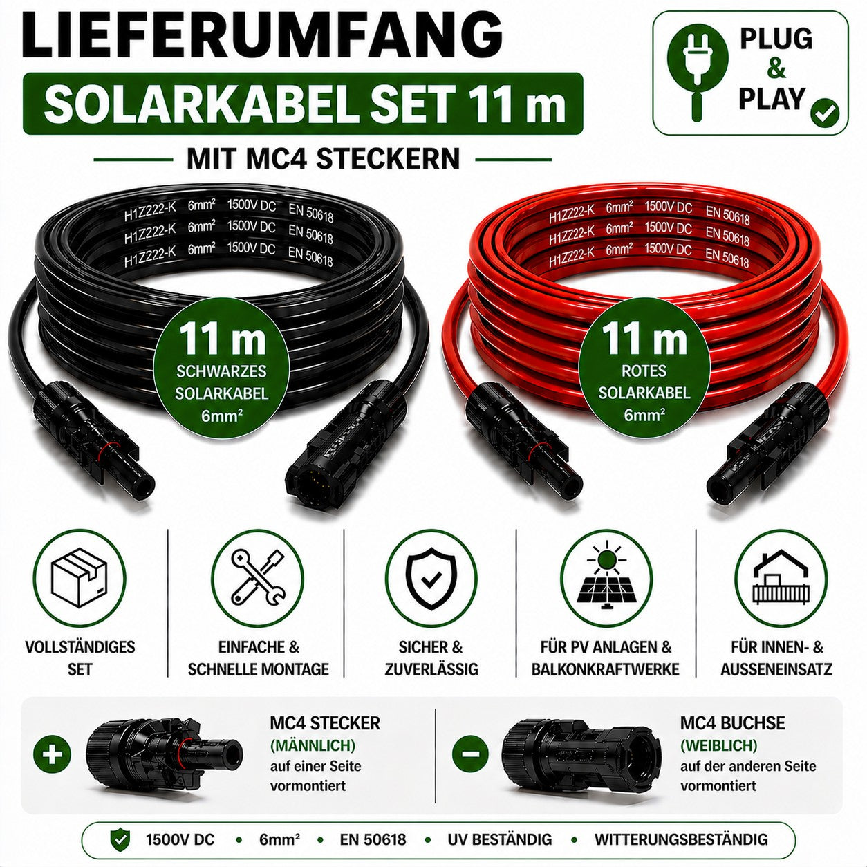 Solarkabel 6mm 2, 2x11m Verlängerungskabel H1Z2Z2-K inkl. Solarstecker