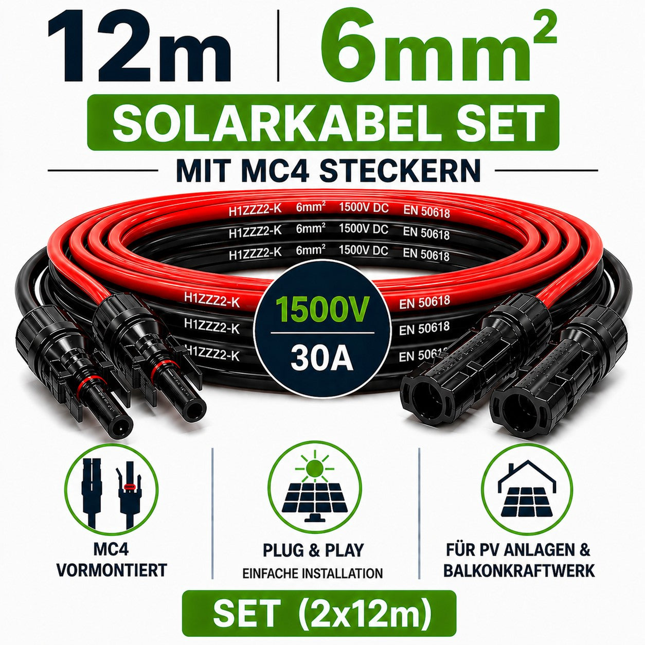Solarkabel Set 6mm2 | 2x12m Verlängerungskabel inkl. Solarstecker