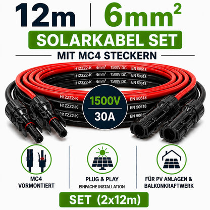 Solarkabel Set 6mm2 | 2x12m Verlängerungskabel inkl. Solarstecker