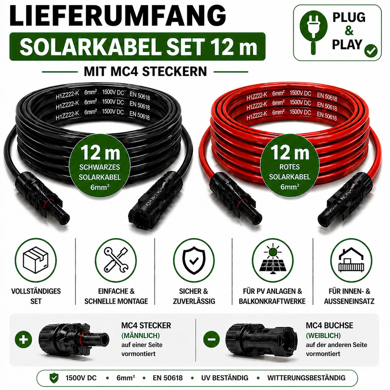 Solarkabel Set 6mm2 | 2x12m Verlängerungskabel inkl. Solarstecker