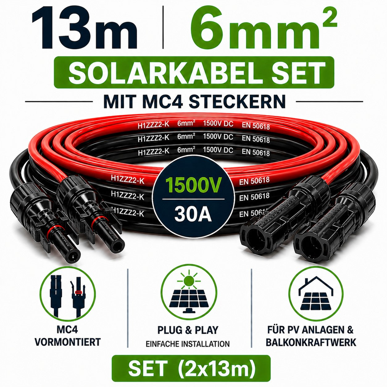Solarkabel  6mm2, 2x13m Verlängerungskabel 6mm2 inkl. Solarstecker