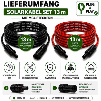Solarkabel  6mm2, 2x13m Verlängerungskabel 6mm2 inkl. Solarstecker