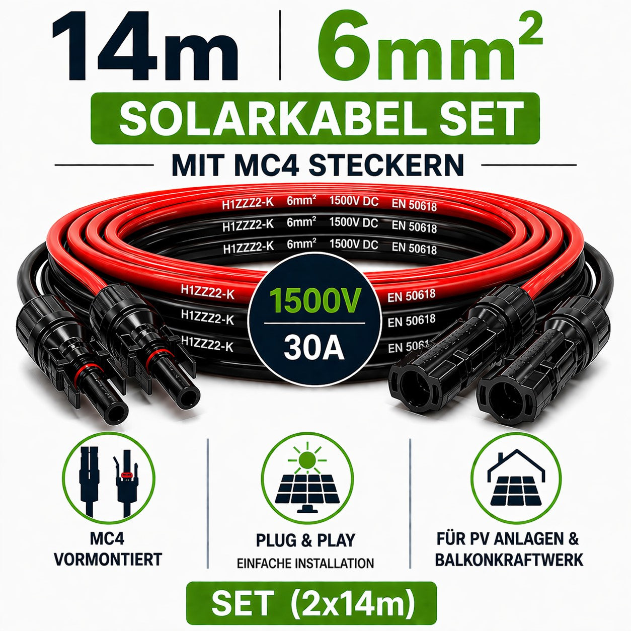 Solarleitung 6mm2 | 2x14m PV Kabel 6mm2 mit MC 4 Stecker