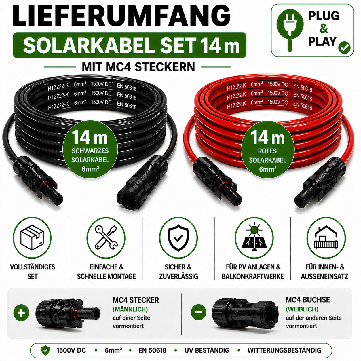 Solarleitung 6mm2 | 2x14m PV Kabel 6mm2 mit MC 4 Stecker