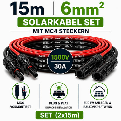 Solarkabel 6mm2 | 2x15m Verlängerungskabel inkl.MC 4 Stecker
