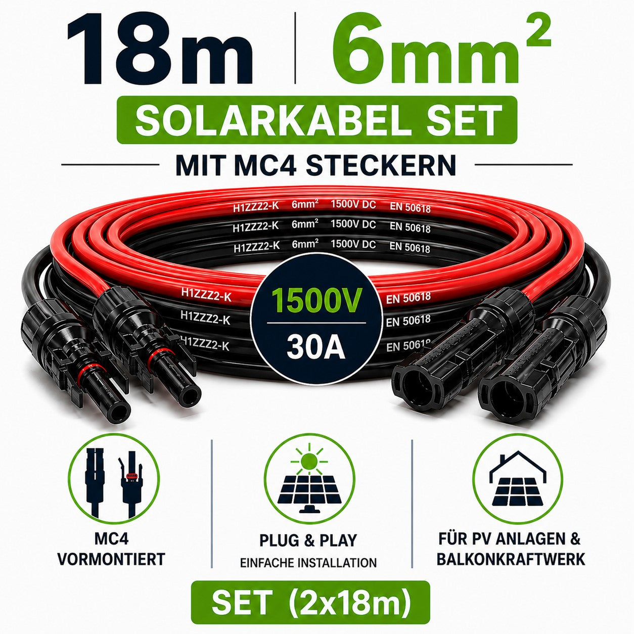PV Kabel 6mm2 H1Z2Z2-K 6mm2 | 2x18m Verlängerungskabel inkl. Solarstecker