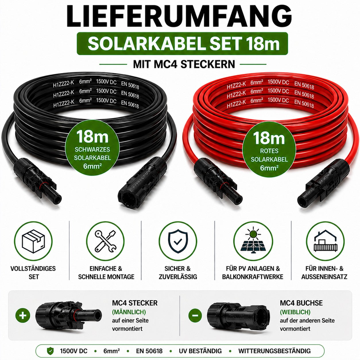 PV Kabel 6mm2 H1Z2Z2-K 6mm2 | 2x18m Verlängerungskabel inkl. Solarstecker