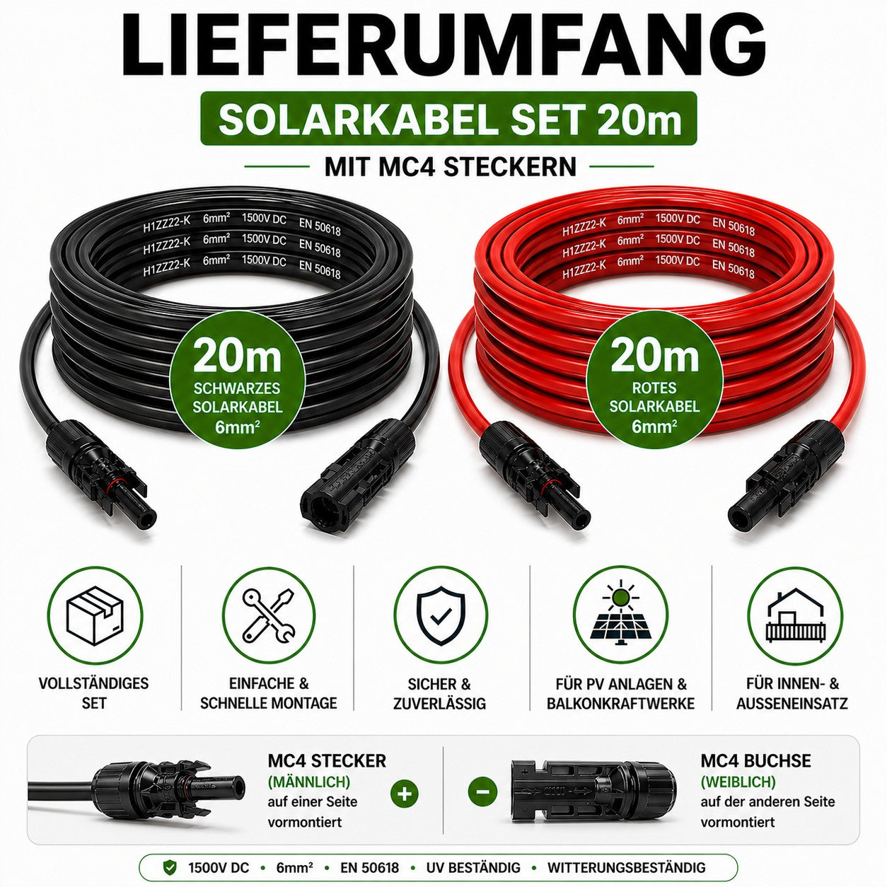 Solarkabel  6mm2| 2x20m Verlängerungskabel inkl. Solarstecker
