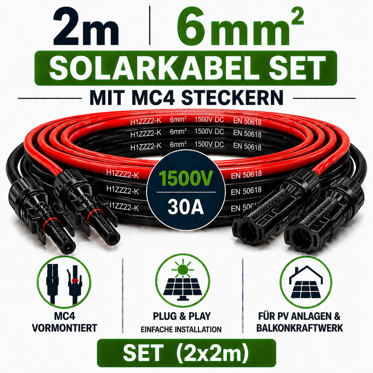 Solarkabel 6mm2 | 2x2m Verlängerungskabel inkl.MC 4 Stecker