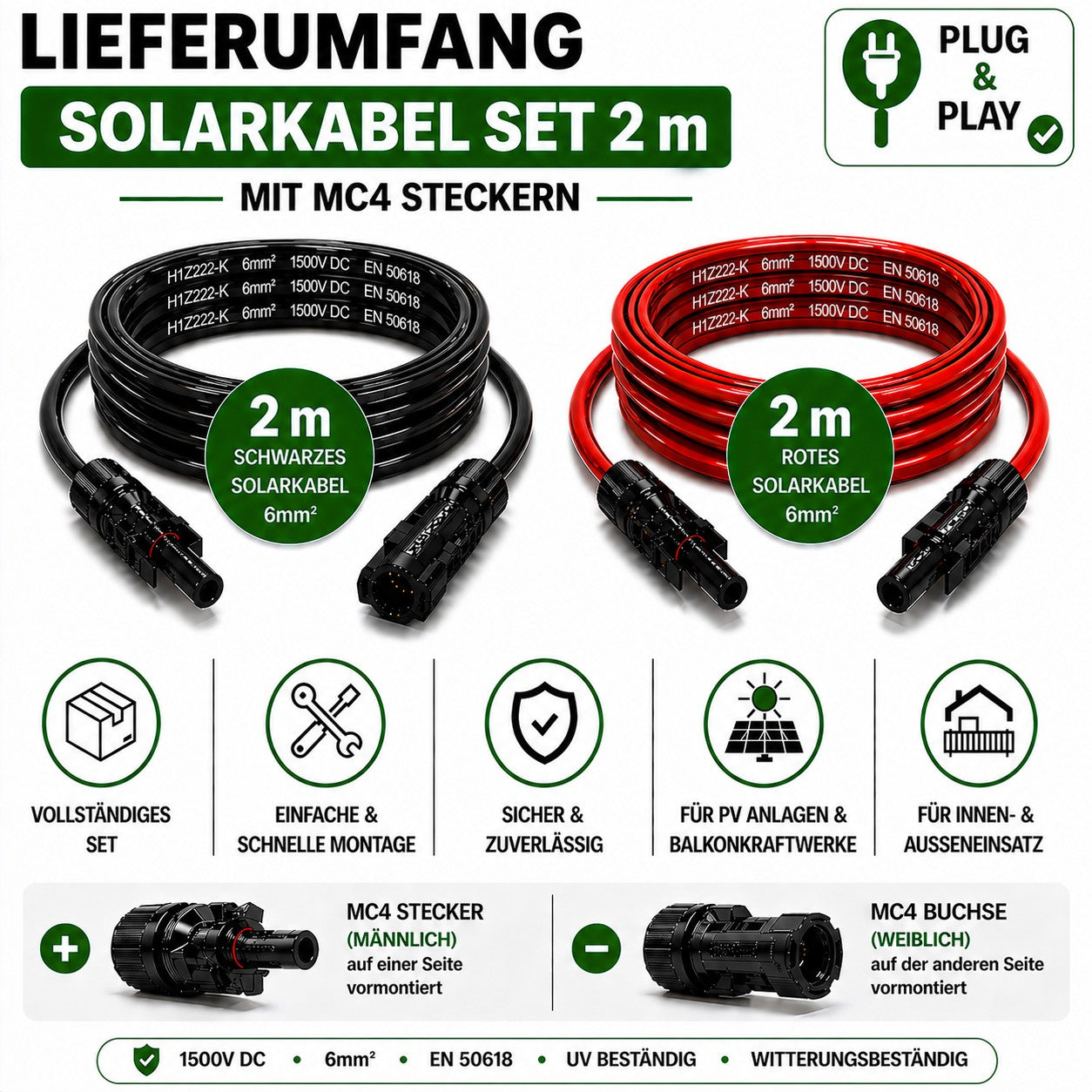 Solarkabel 6mm2 | 2x2m Verlängerungskabel inkl.MC 4 Stecker
