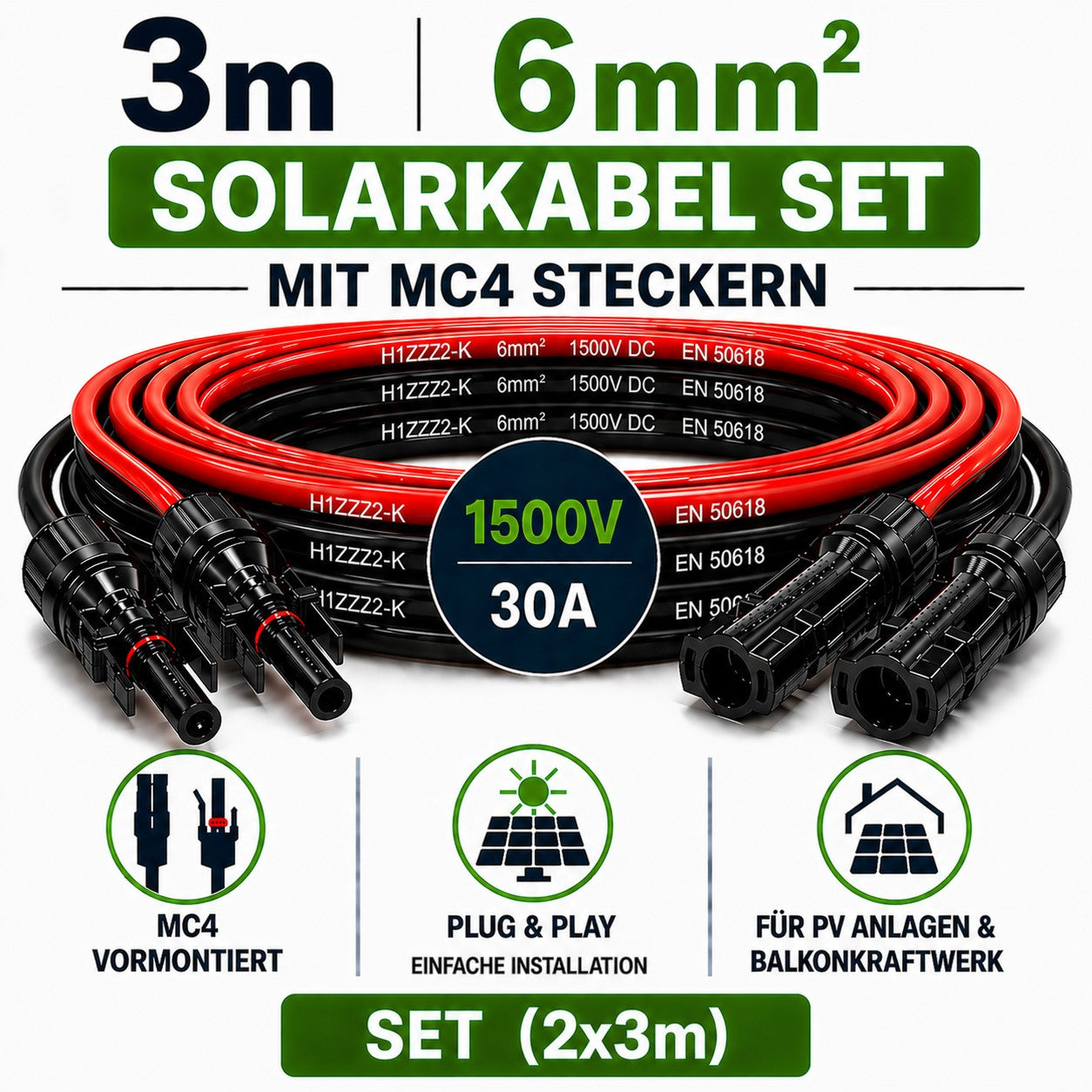Solarkabel 6mm2, 2x3m Verlängerungskabel H1Z2Z2-K  inkl. Solarstecker