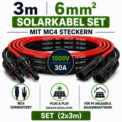 Solarkabel 6mm2, 2x3m Verlängerungskabel H1Z2Z2-K  inkl. Solarstecker