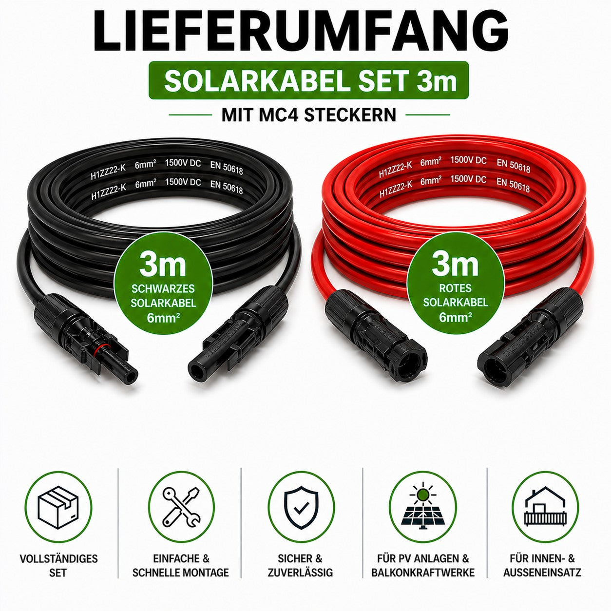 Solarkabel 6mm2, 2x3m Verlängerungskabel H1Z2Z2-K  inkl. Solarstecker