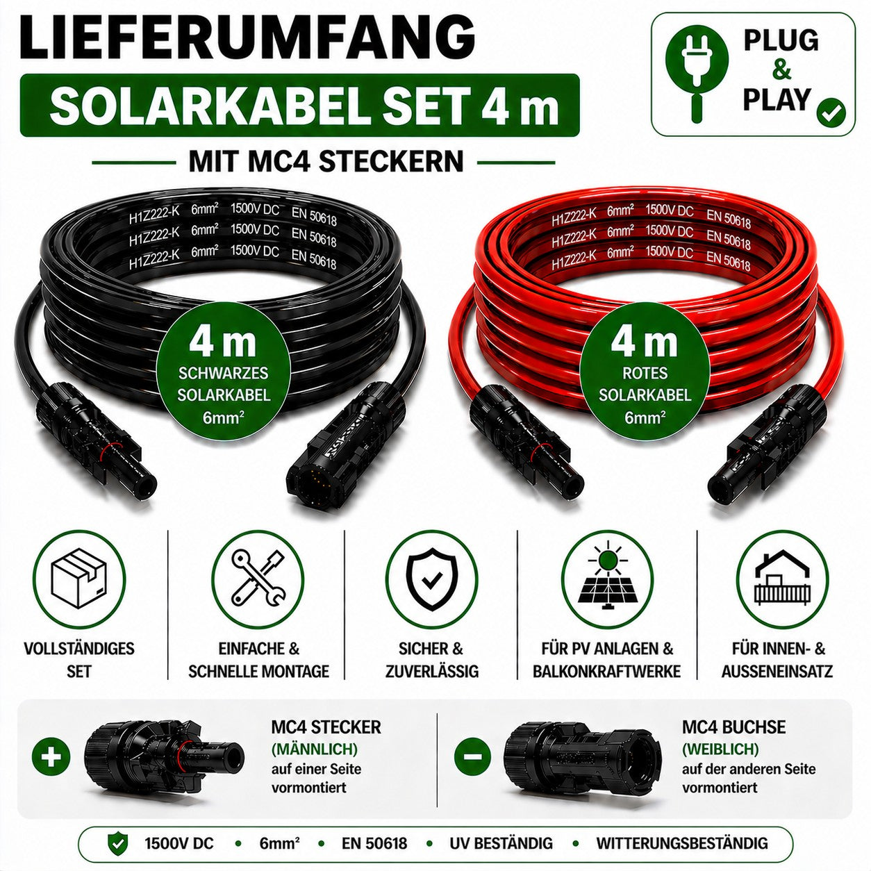 Solarkabel Set H1Z2Z2-K 6mm2 | 2x4m Verlängerungskabel inkl. Solarstecker