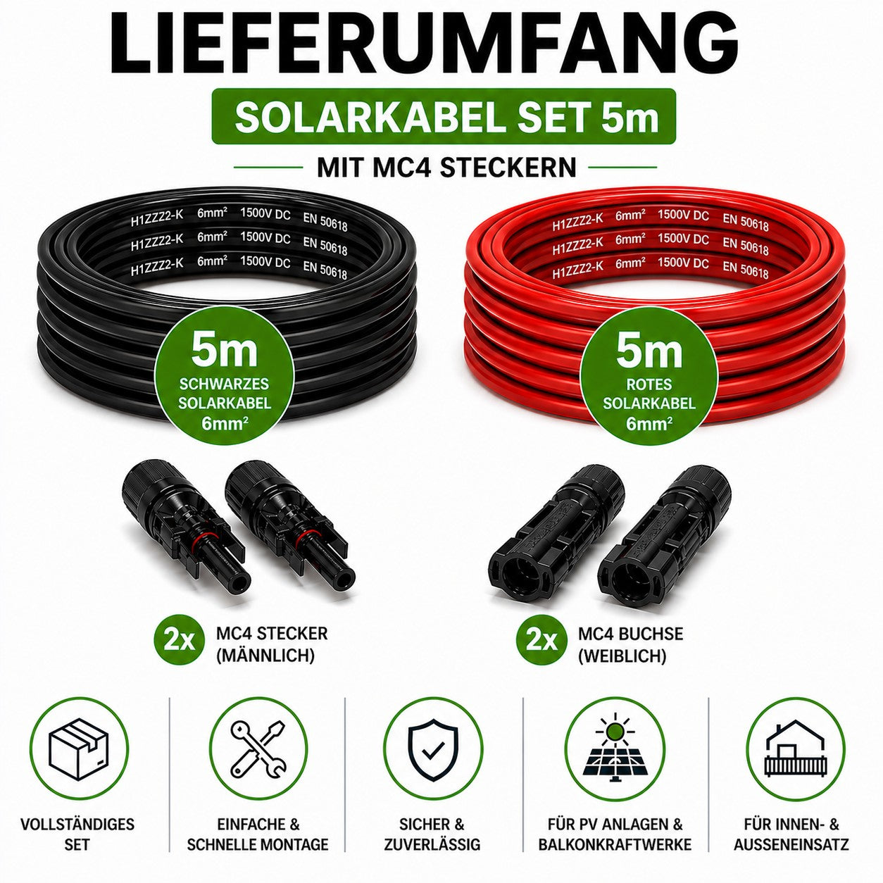 Solarkabel 6mm2, 2x5m Verlängerungskabel H1Z2Z2-K  inkl. MC4 Stecker