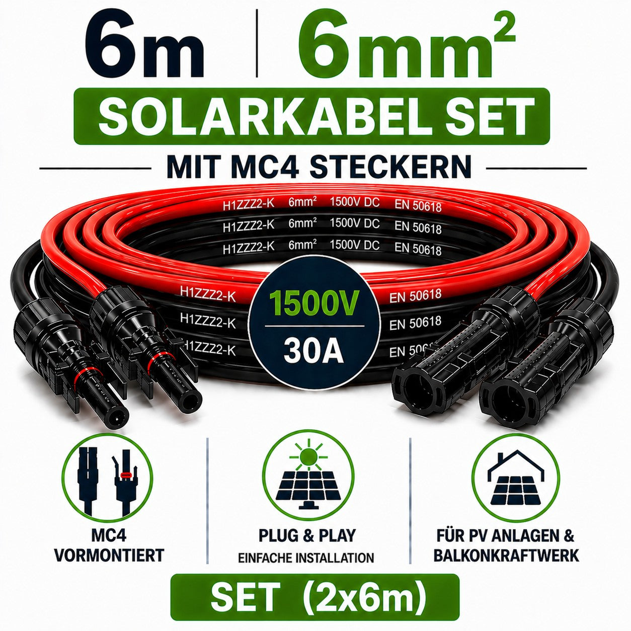 MC4 Kabel  6mm2 | 2x6m Verlängerungskabel inkl. Solarstecker