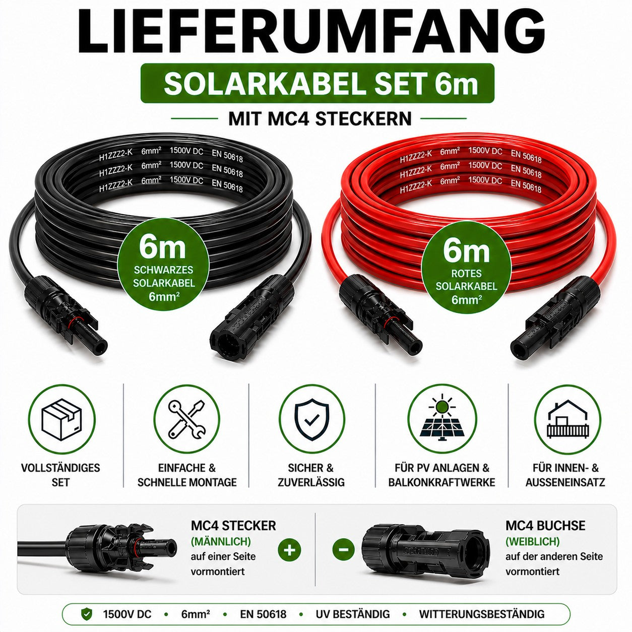 MC4 Kabel  6mm2 | 2x6m Verlängerungskabel inkl. Solarstecker