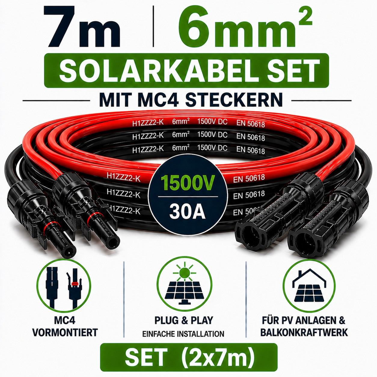 Solarkabel  6mm2, PV Kabel 6 mm2  2x7m Verlängerungskabel H1Z2Z2-K 6mm2