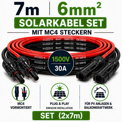 Solarkabel  6mm2, PV Kabel 6 mm2  2x7m Verlängerungskabel H1Z2Z2-K 6mm2
