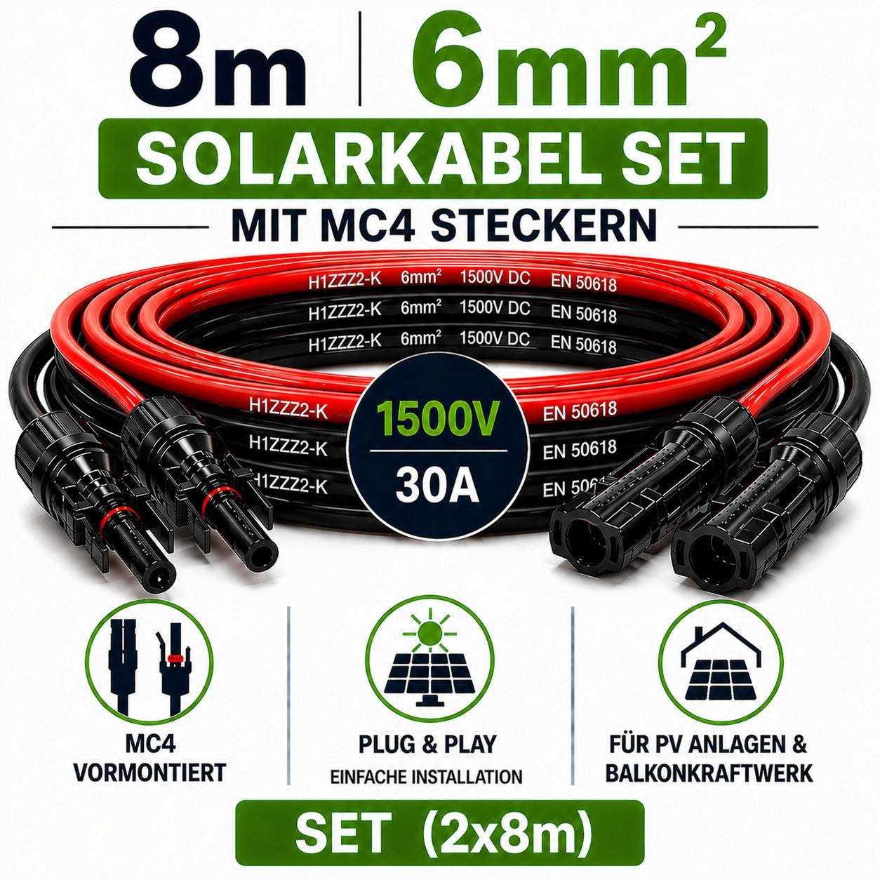 Solarkabel  6mm2 | 2x8m Verlängerungskabel inkl. Solarstecker