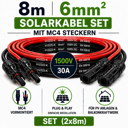 Solarkabel  6mm2 | 2x8m Verlängerungskabel inkl. Solarstecker