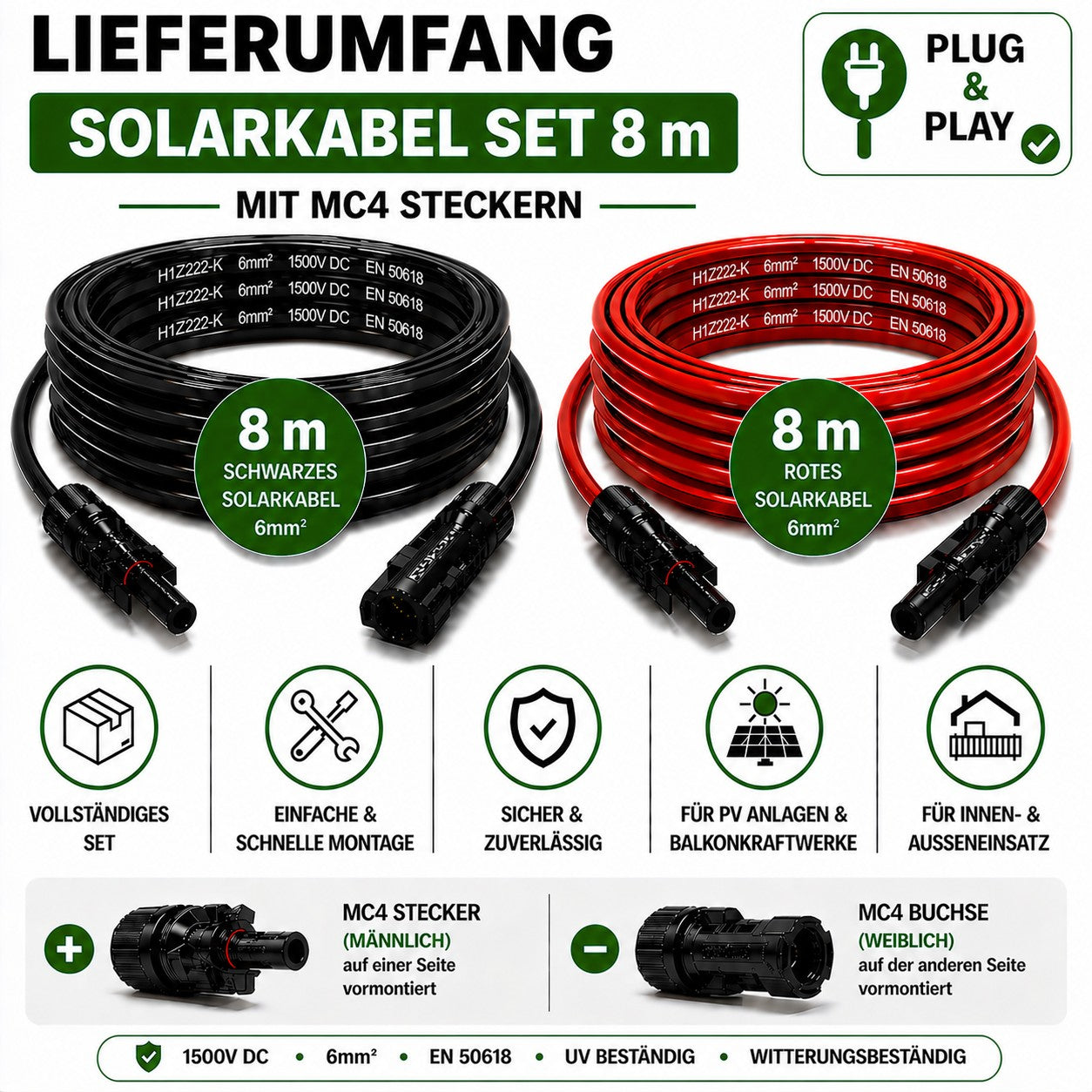 Solarkabel  6mm2 | 2x8m Verlängerungskabel inkl. Solarstecker