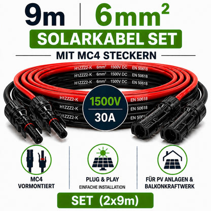 PV Kabel  6mm2, 2x9m Verlängerungskabel H1Z2Z2-K inkl. Solarstecker