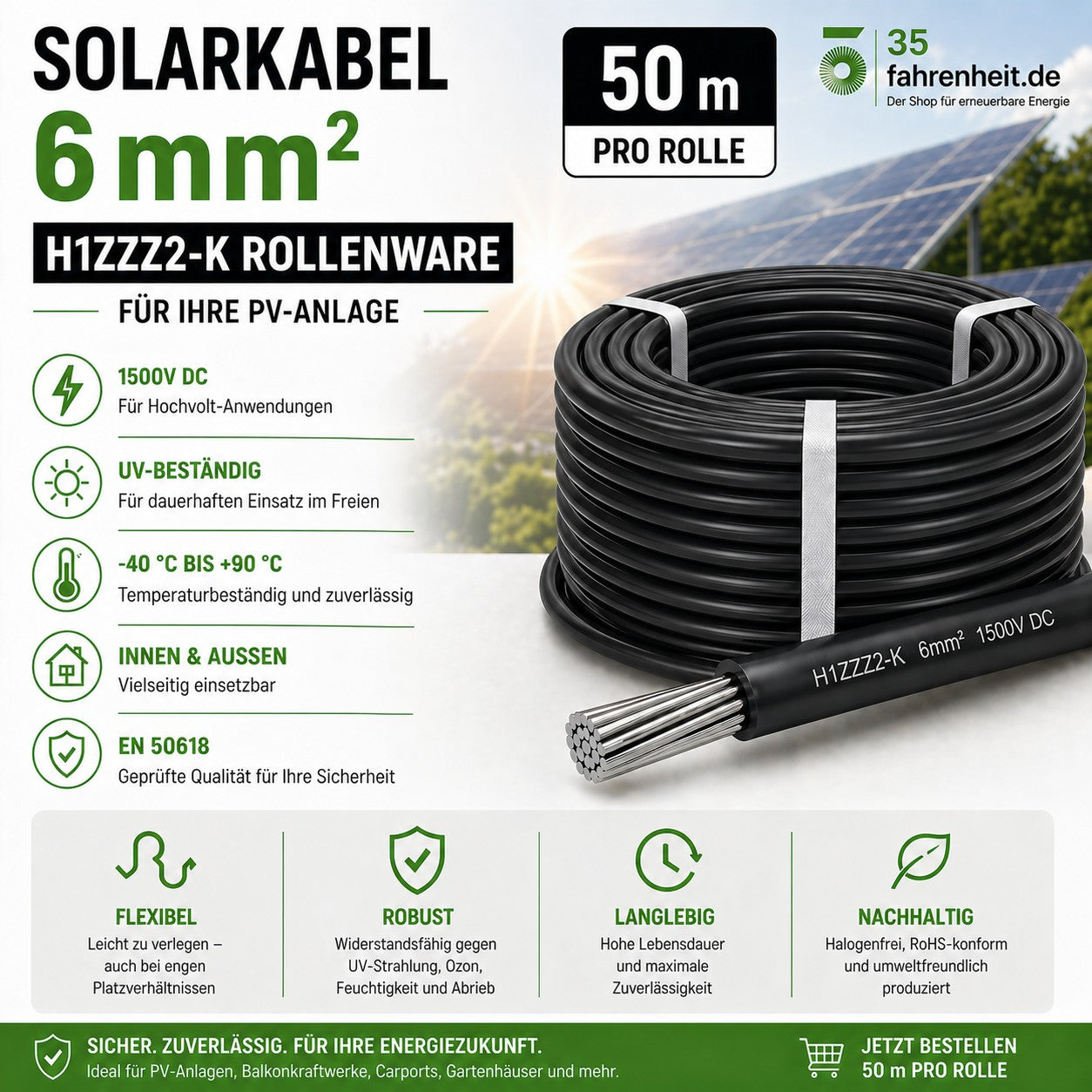 Solarkabel 6 mm2 50 m Rolle H1Z2Z2-k schwarz