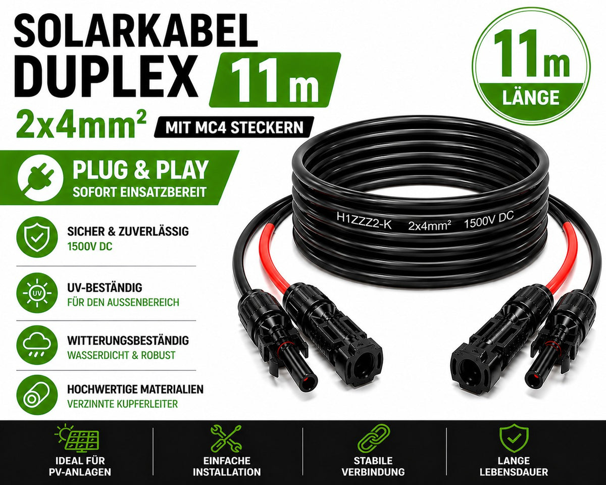 Solarkabel Duplex 11m Set 4mm² H1Z2Z2-K – inkl. MC4 Stecker – TÜV zertifiziert – 1500V 30A – UV- & witterungsbeständig